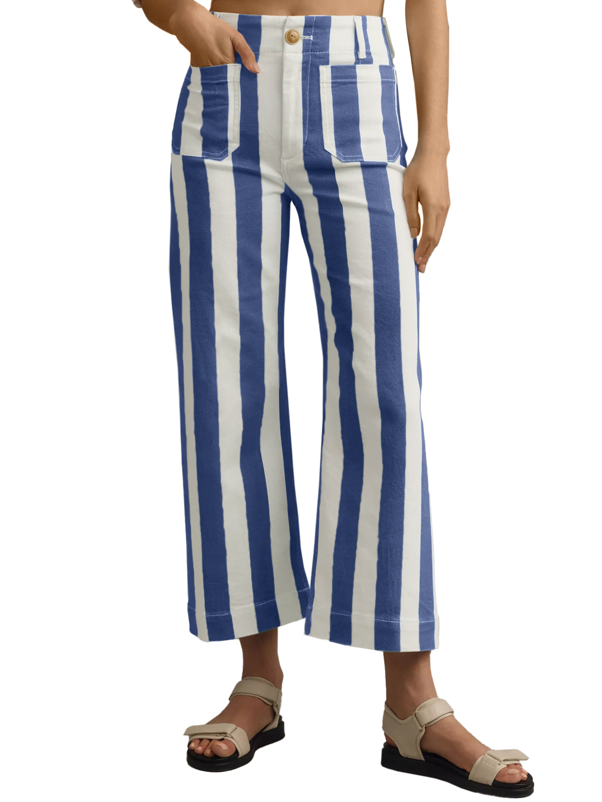 Womens Navy Striped Wide Leg Jeans | CicyBell