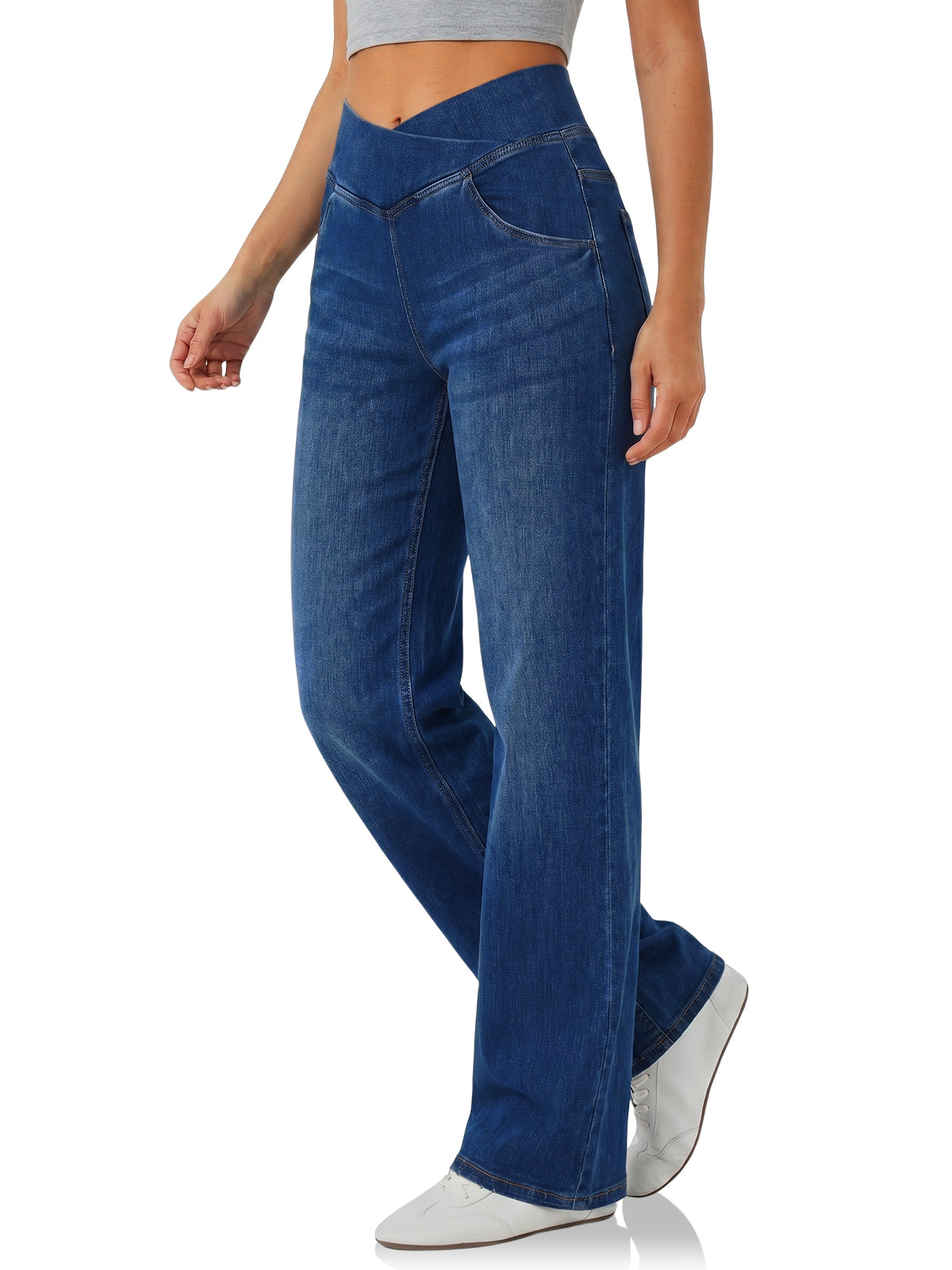 Womens Navy Pull On Wide Leg Jeans | Cicy Bell