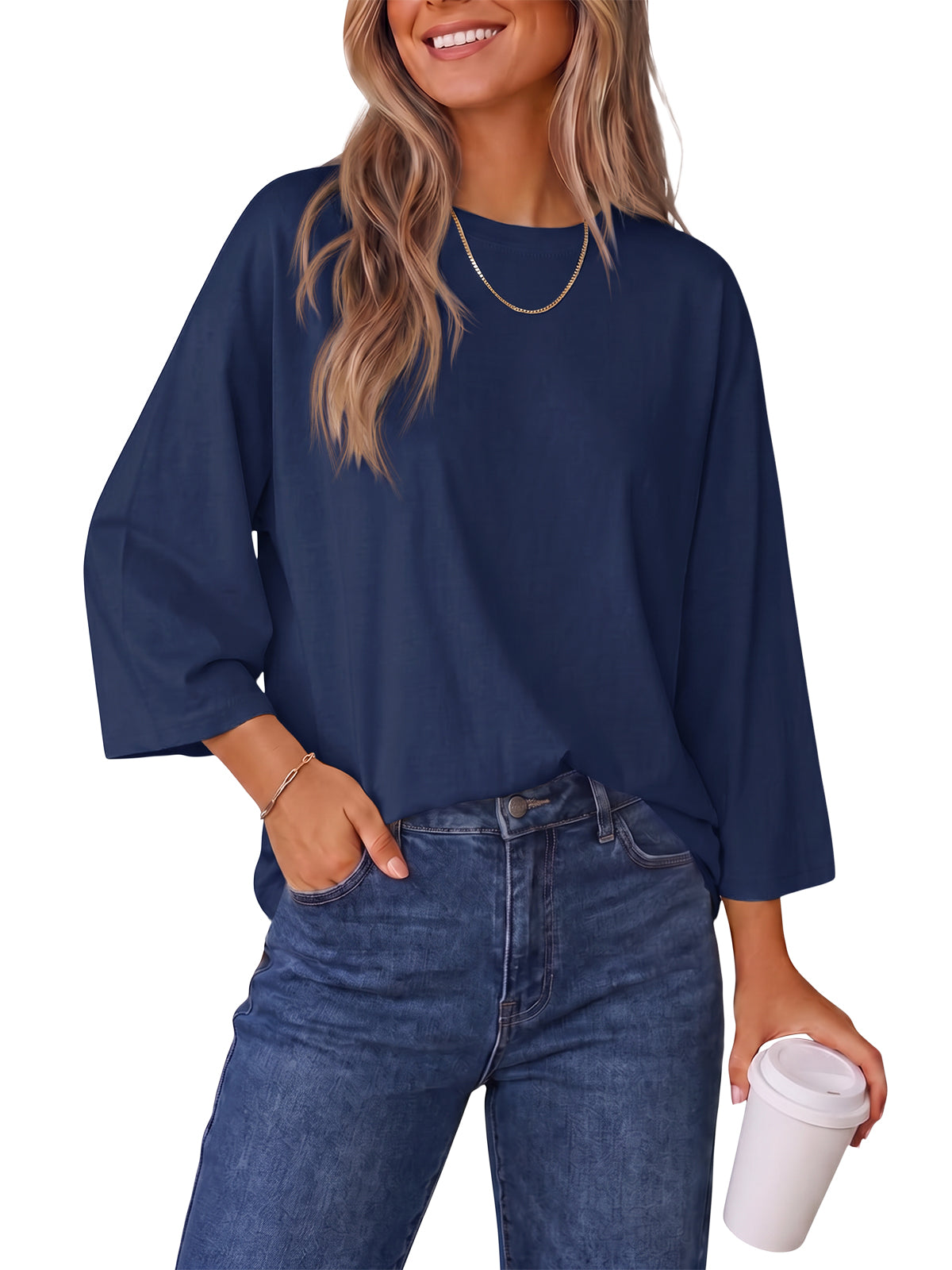 Womens Navy 3/4 Sleeve T Shirts | CicyBell