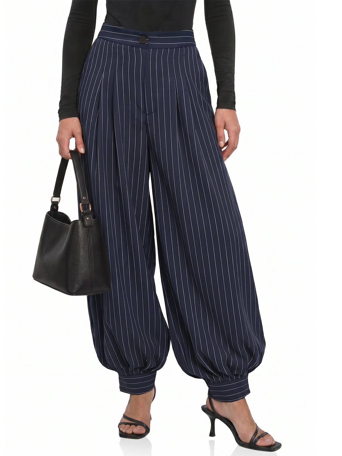 Womens Striped Navy Pleated Dress Pants | CicyBell