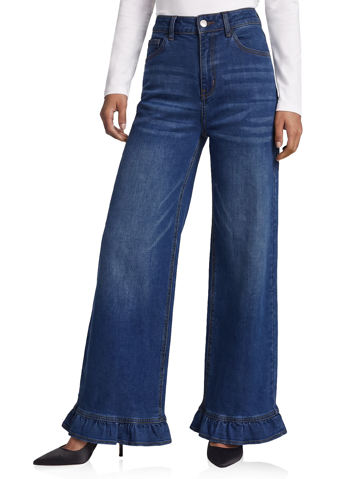 Womens Navy Ruffle Wide Leg Jeans | CicyBell