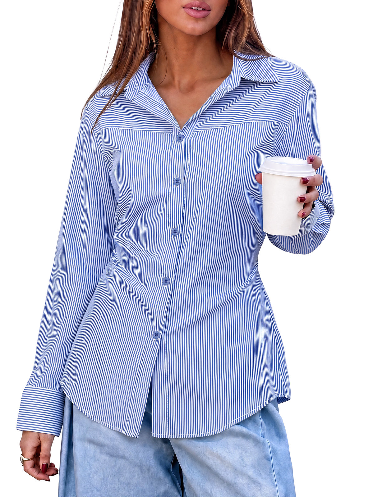 Womens Dark Blue Striped Button Down Shirt | CicyBell