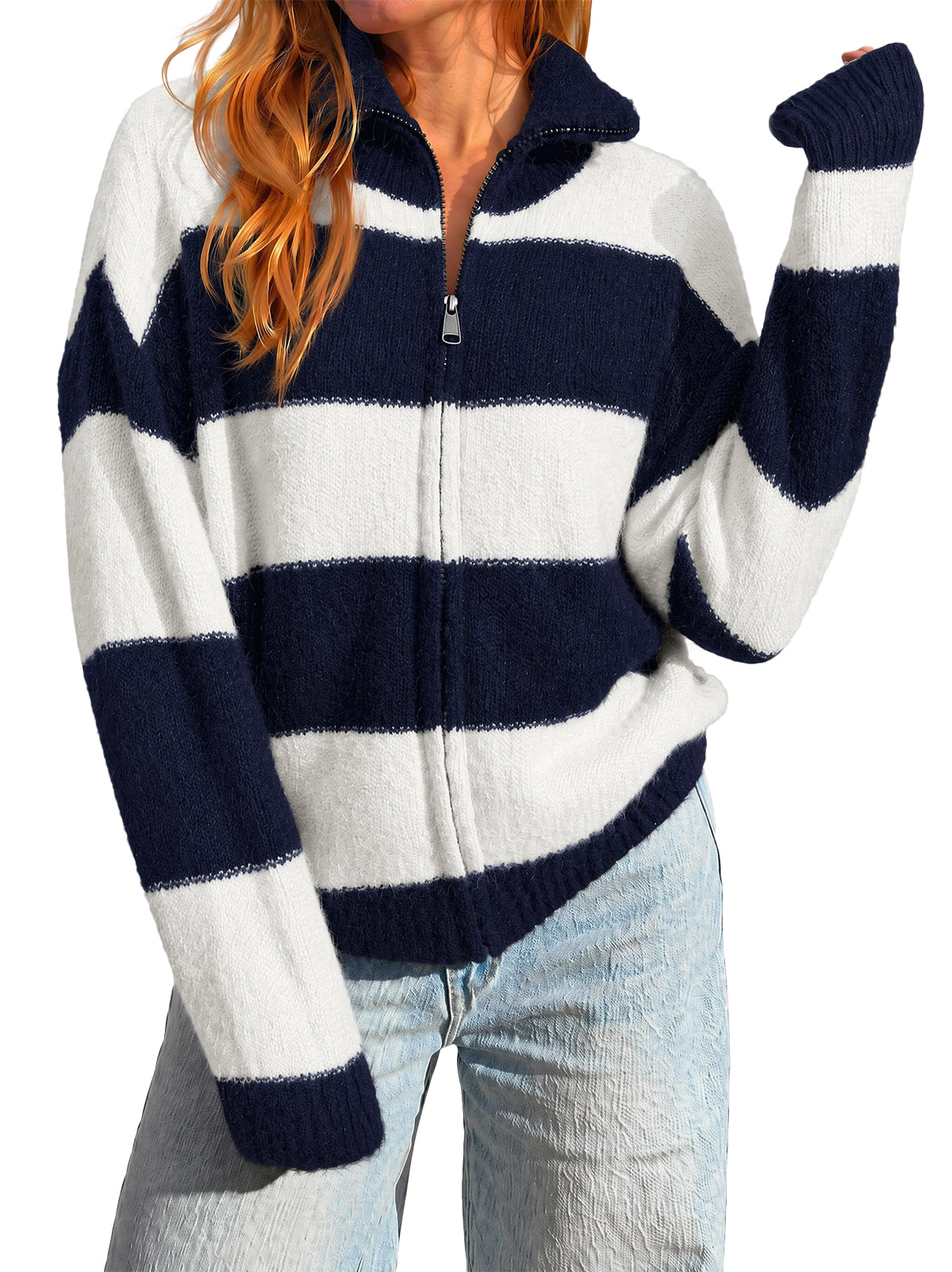 Women Navy Striped Color Block Cardigan | CicyBell