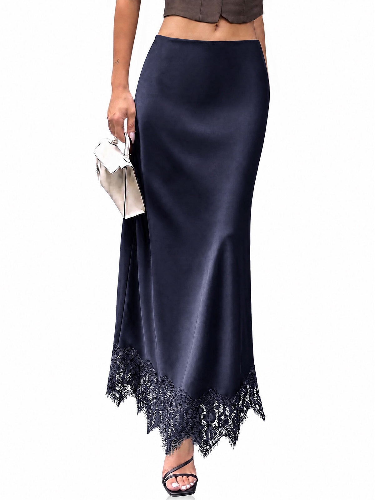 Womens Navy Lace Flowy Satin Skirts | CicyBell