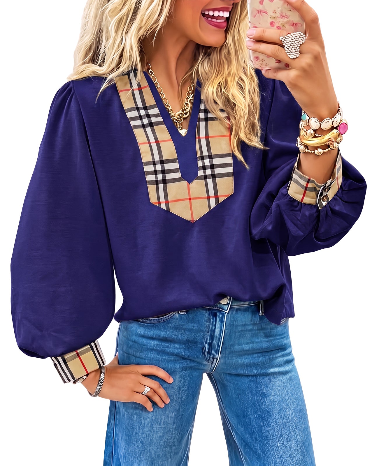 Womens Navy Puff Long Sleeve Blouse | CicyBell