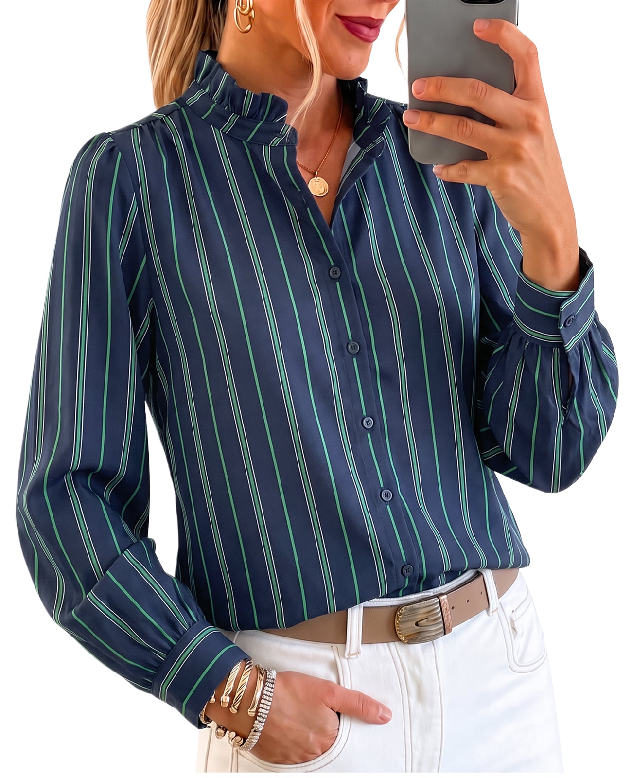 Womens Navy Striped Button Down Shirts | CicyBell