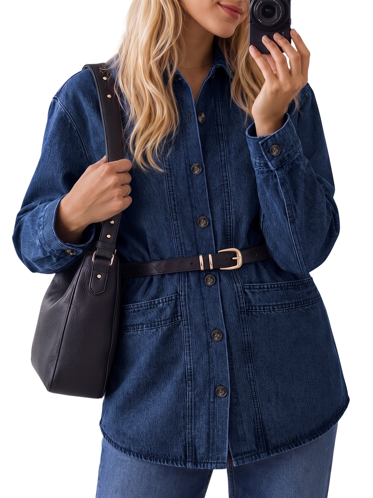 Womens Navy Button Down Denim Jacket | CicyBell