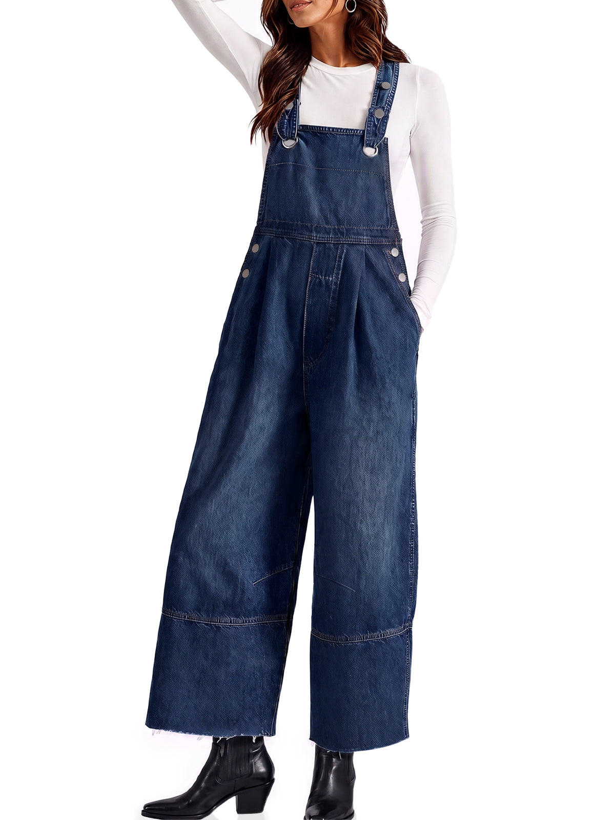 Womens Navy Wide Leg Denim Overalls | CicyBell