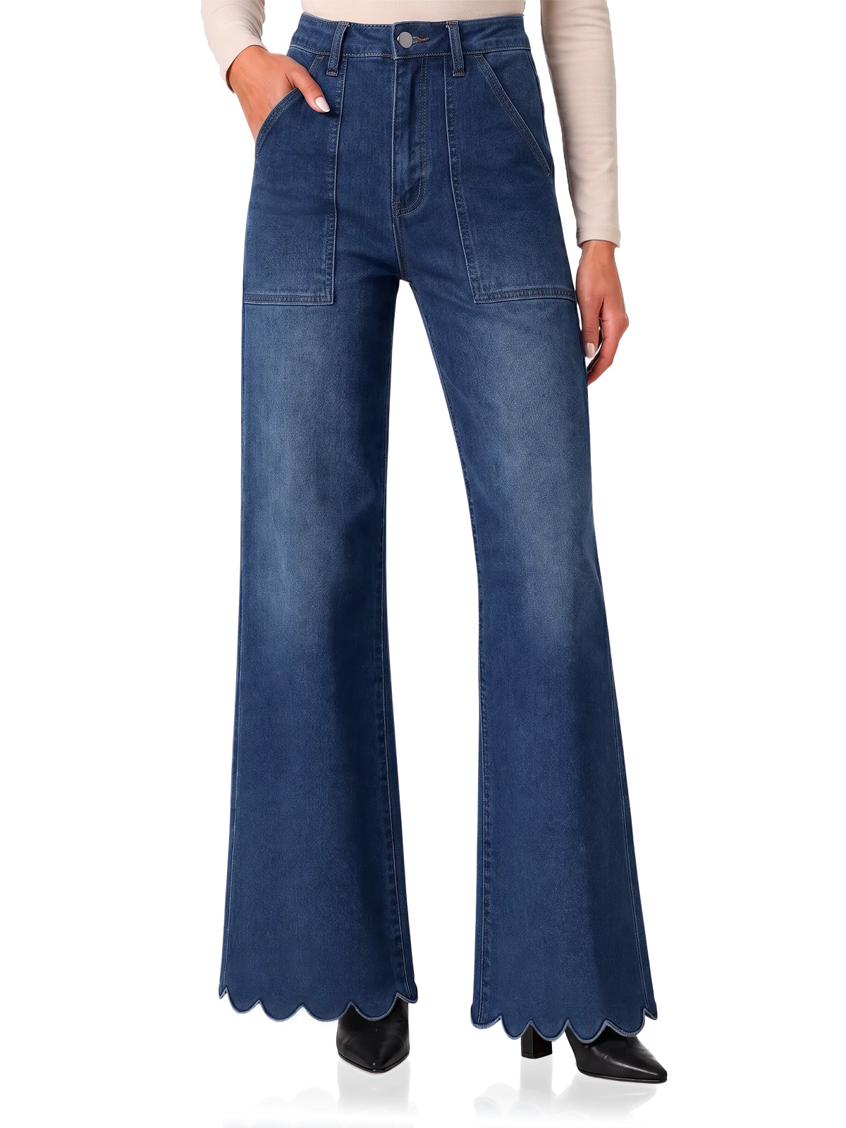 Womens Scalloped Wide Leg Jeans|Cicy Bell