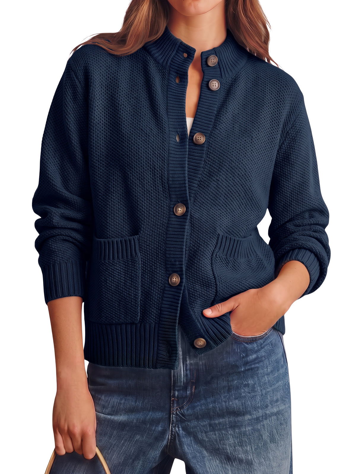 Womens Navy Chunky Sweaters Cardigan | CicyBell