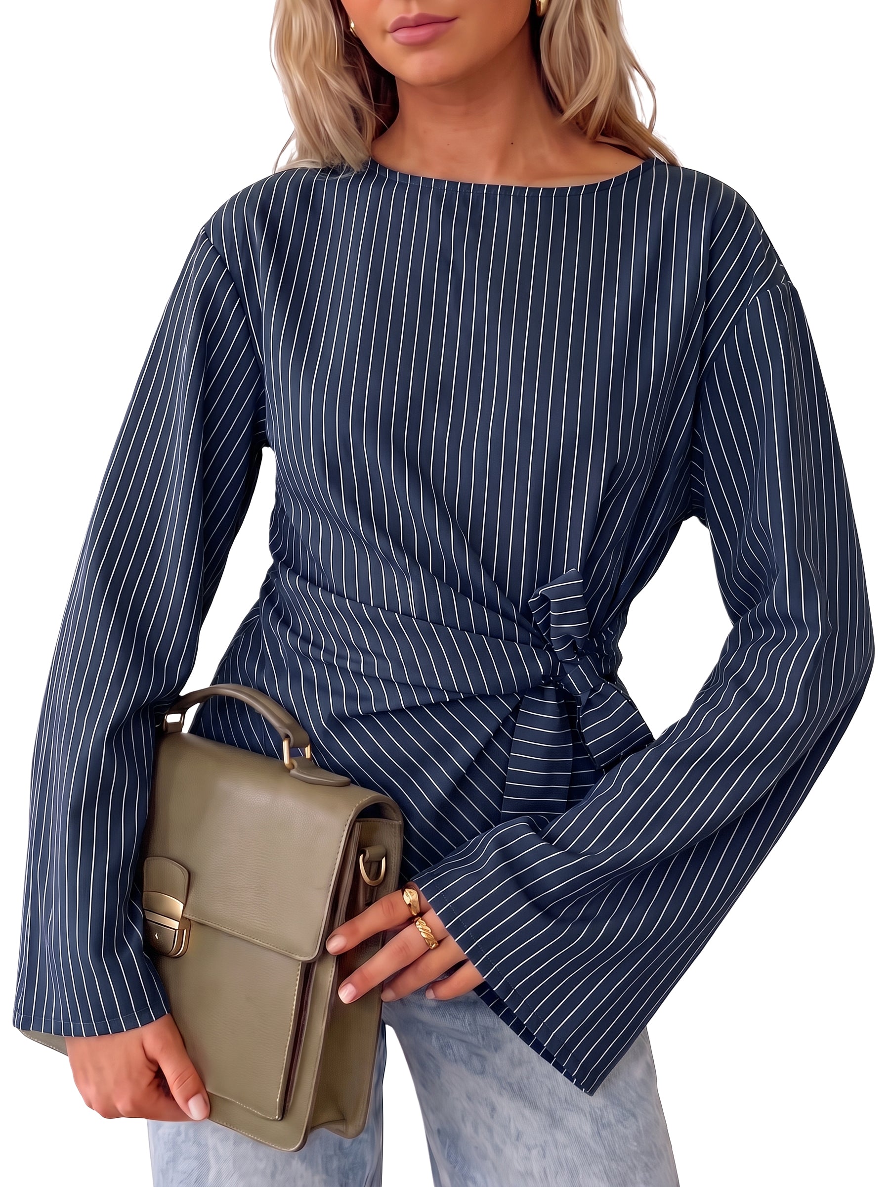 Womens Navy Cinched Waist Wrap Tops | CicyBell