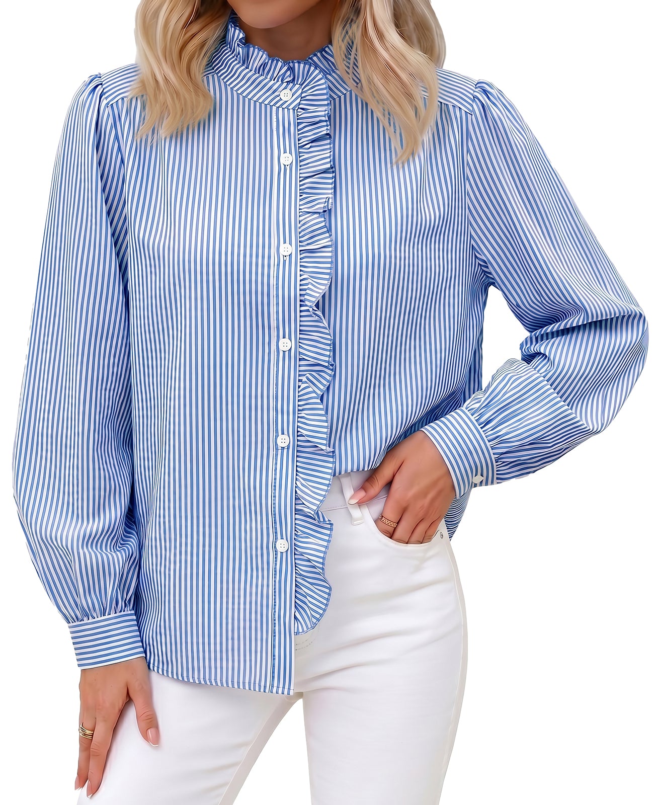 Womens Dark Blue Ruffle Striped Button Down Shirts | CicyBell