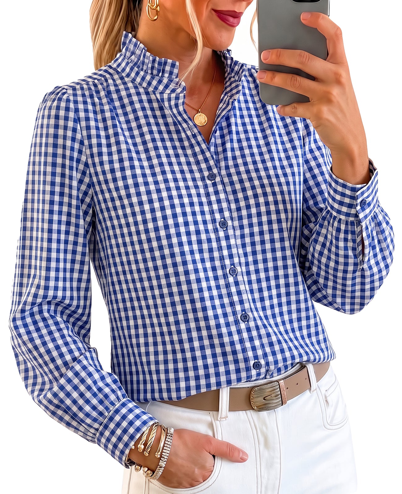 Womens Navy Plaid Button Down Shirts | CicyBell