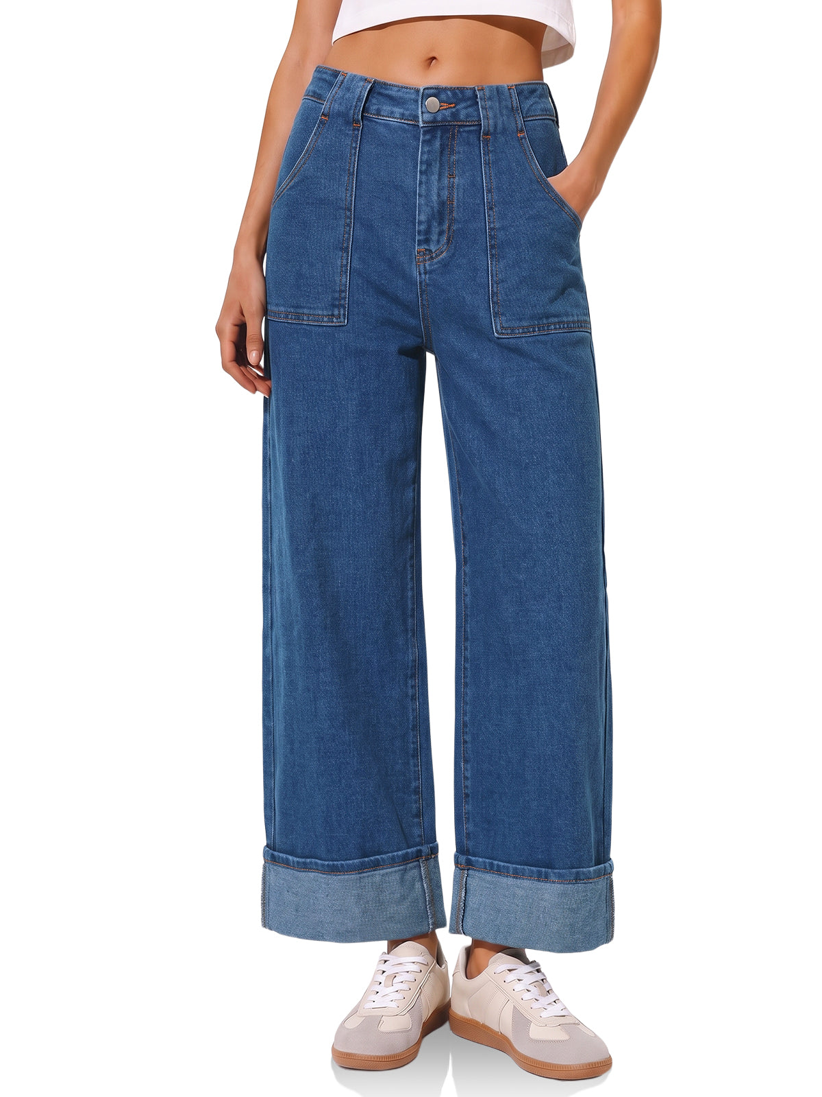 Womens Barrel Cuffed High Waisted Wide Leg Jeans | Cicy Bell