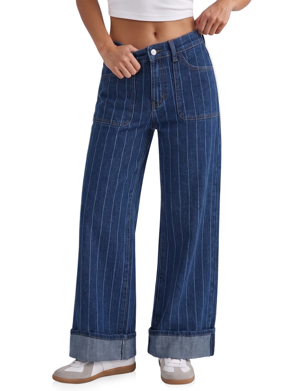 Womens Navy Striped Wide Leg Jeans | CicyBell