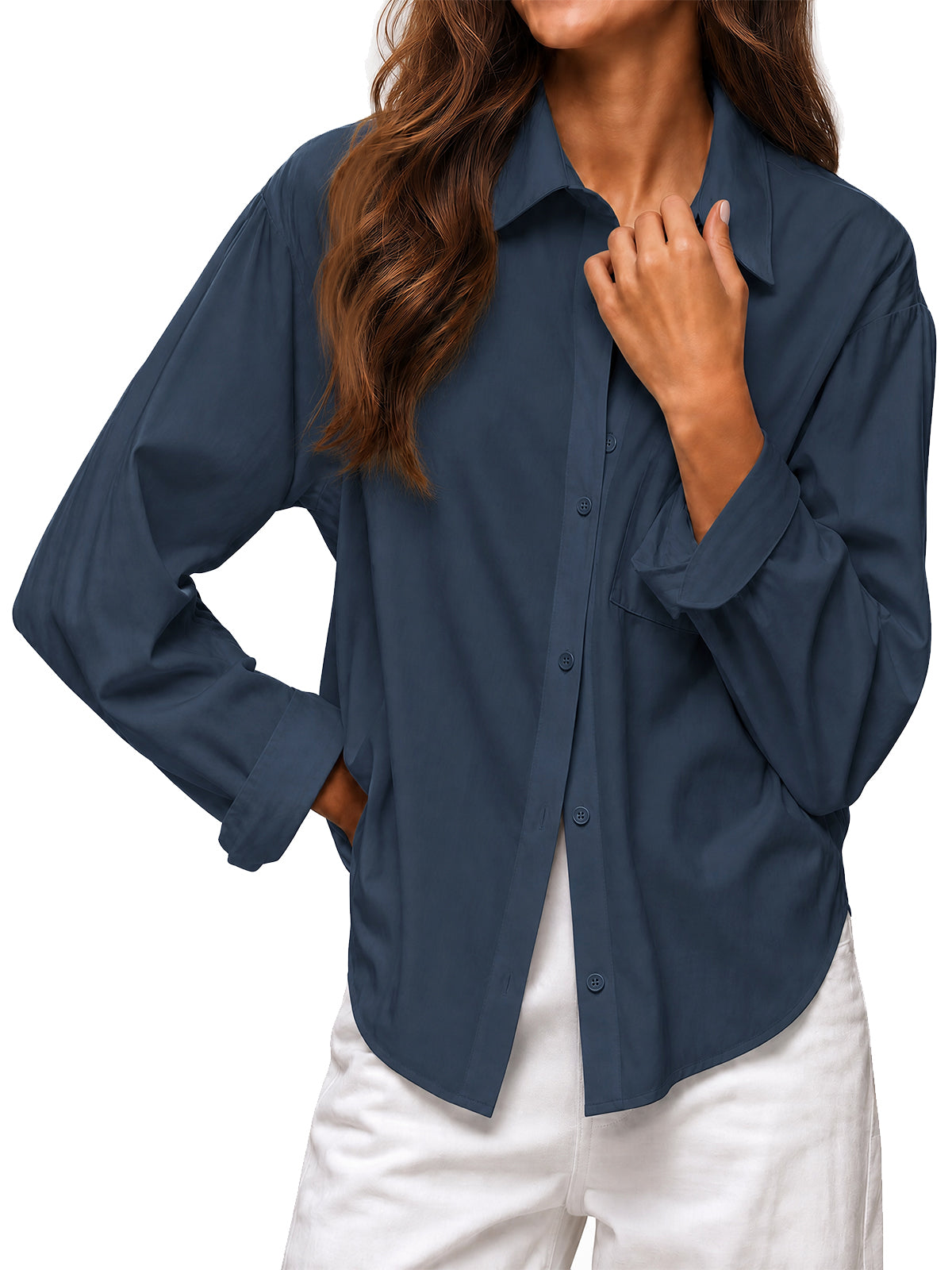 Womens Navy Long Sleeve Button Down Shirt | CicyBell