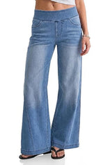 Womens Wide Leg Knit  High Waisted Pull On Jeans | Cicy Bell