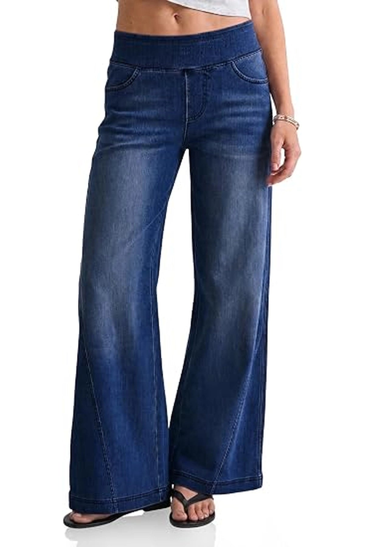Womens Wide Leg Knit  High Waisted Pull On Jeans | Cicy Bell