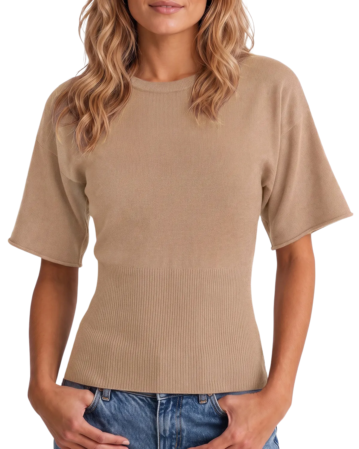 Womens Oatmeal Cinched Waist Crop Sweater | CicyBell