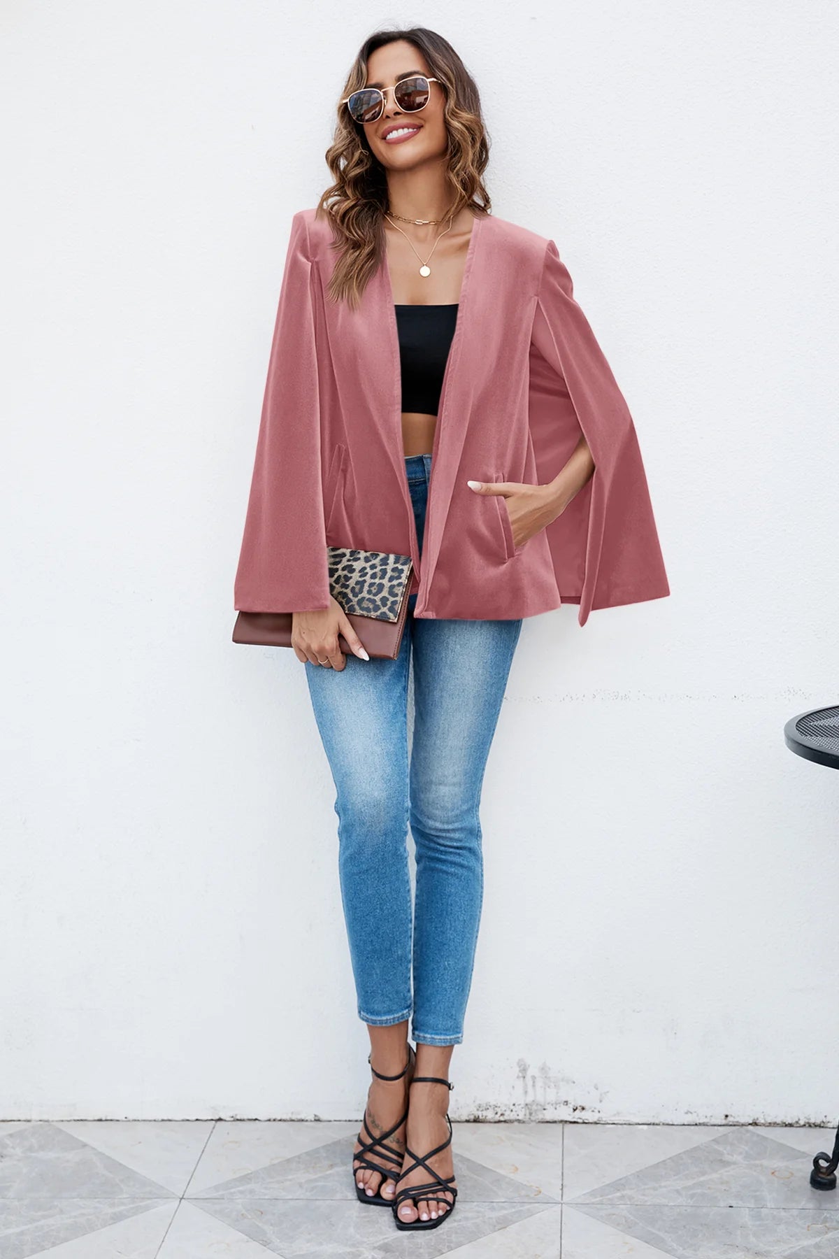 Womens Pink Velvet Cape Blazer Jackets | CicyBell