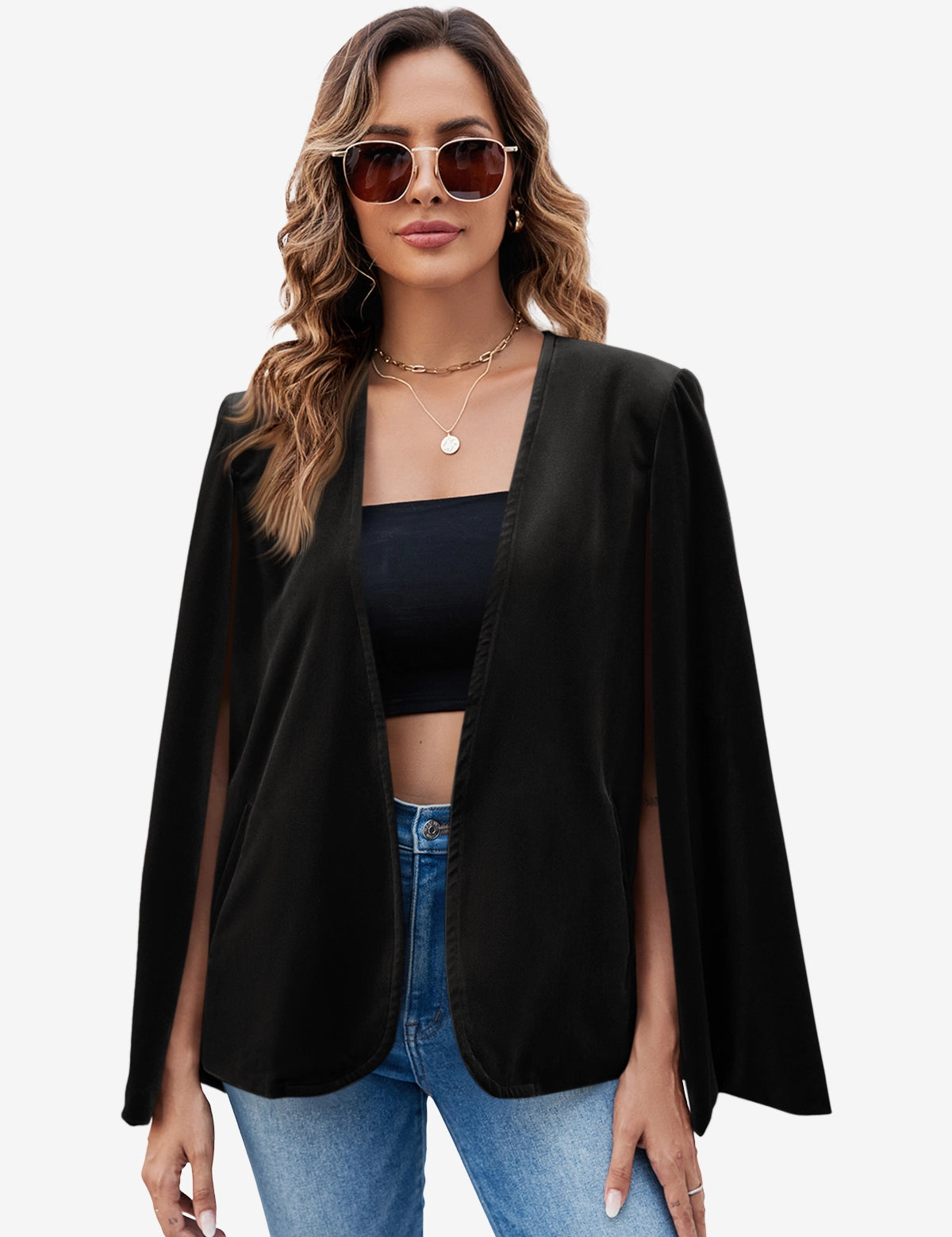 Womens Black Velvet Cape Blazer Jackets 1