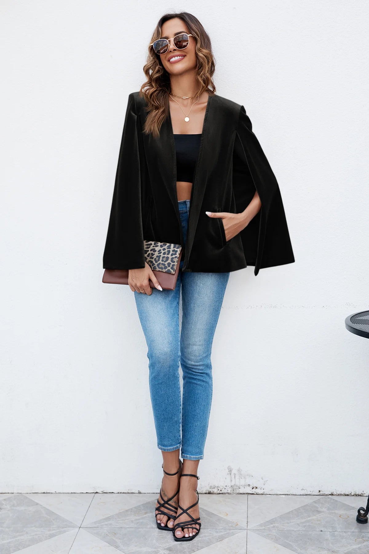 Womens Black Velvet Cape Blazer Jackets | CicyBell