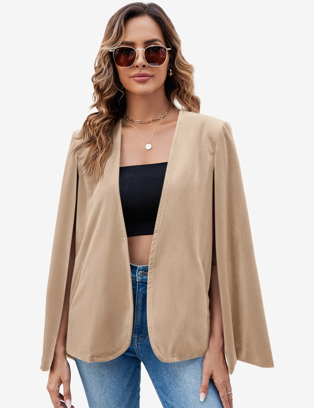 Womens Light Khaki Velvet Cape Blazer Jackets 1