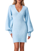Women Puff Long Sleeve V Neck Knit Pullover Dress | Cicy Bell