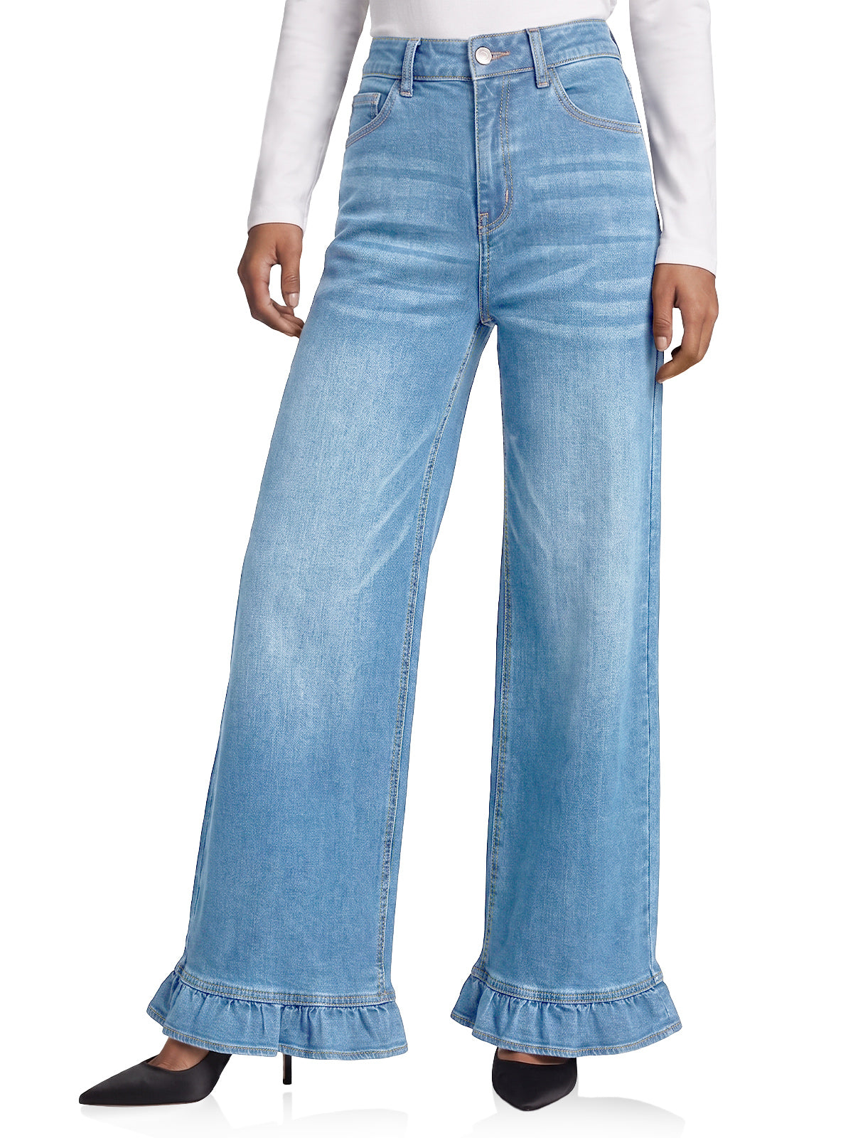 Womens Light Blue Ruffle Wide Leg Jeans | CicyBell