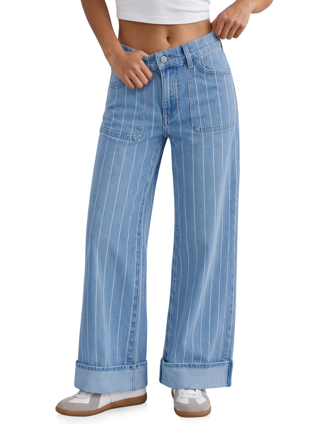 Womens Light Blue Striped Wide Leg Jeans | CicyBell