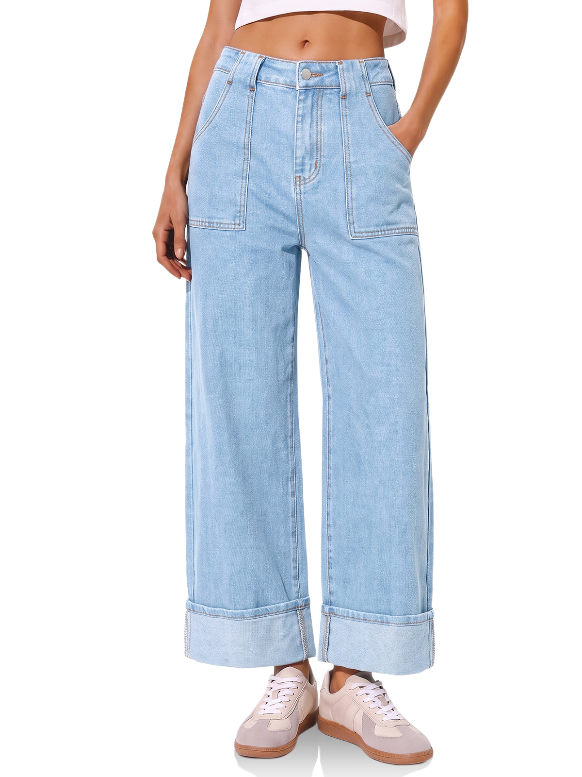 Womens Barrel Cuffed High Waisted Wide Leg Jeans | Cicy Bell