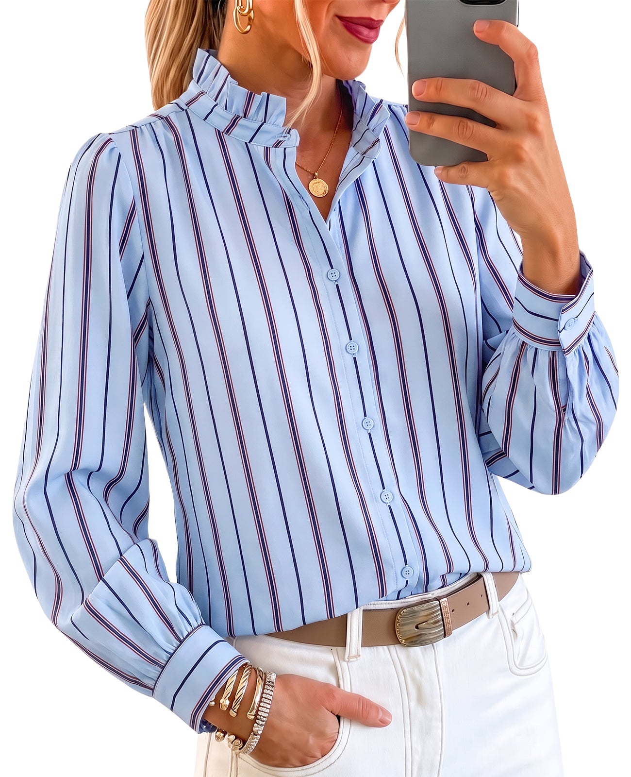 Womens Light Blue Striped Button Down Shirts | CicyBell