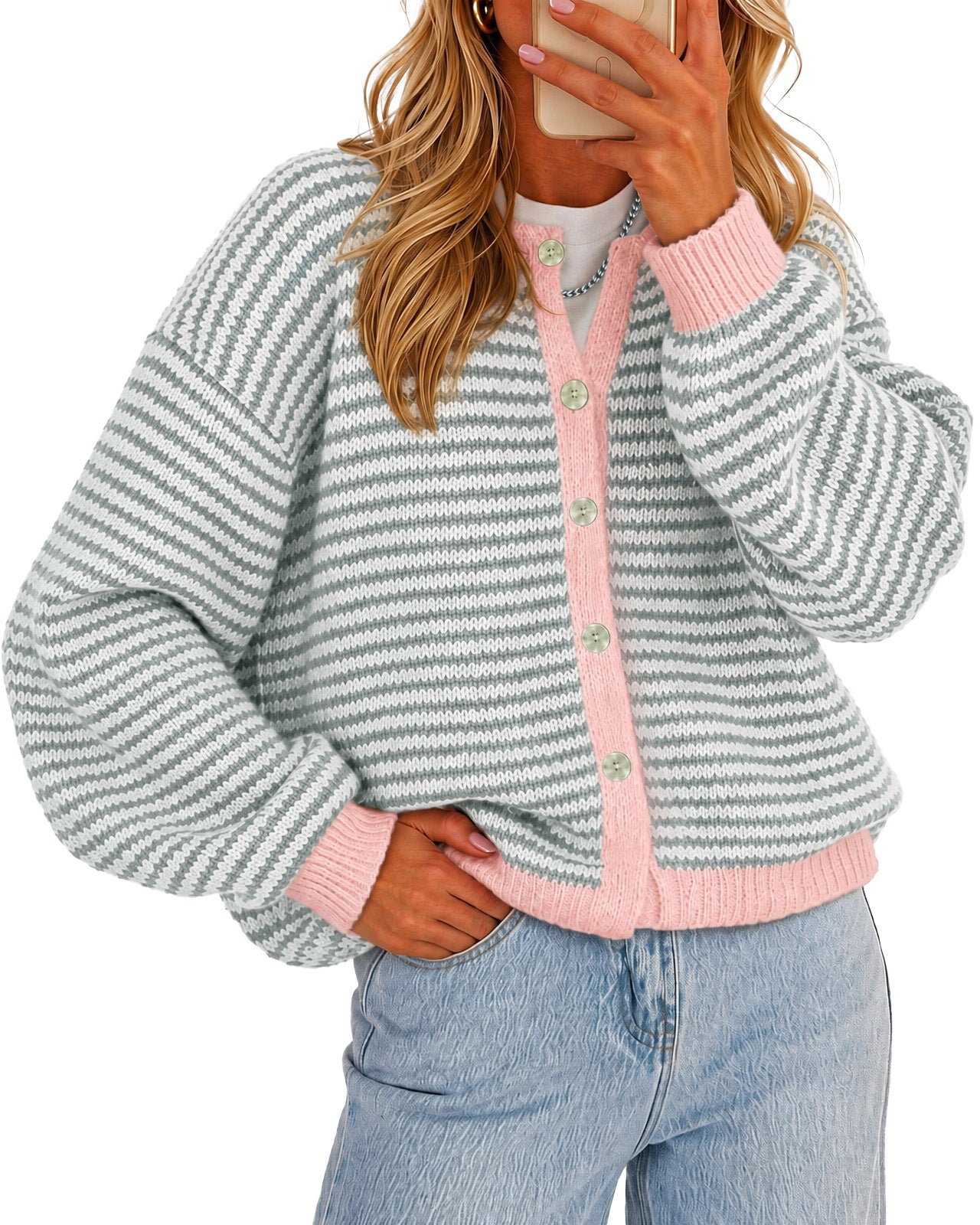Womens Light Grey Striped Cardigan Sweaters | CicyBell