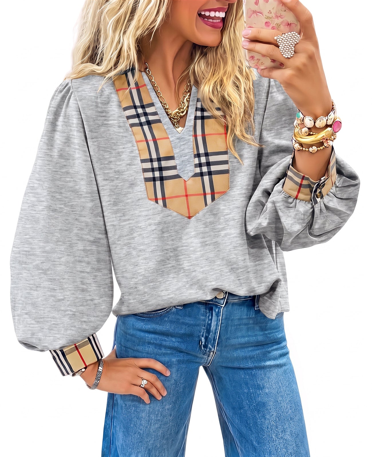 Womens Light Grey Puff Long Sleeve Blouse | CicyBell