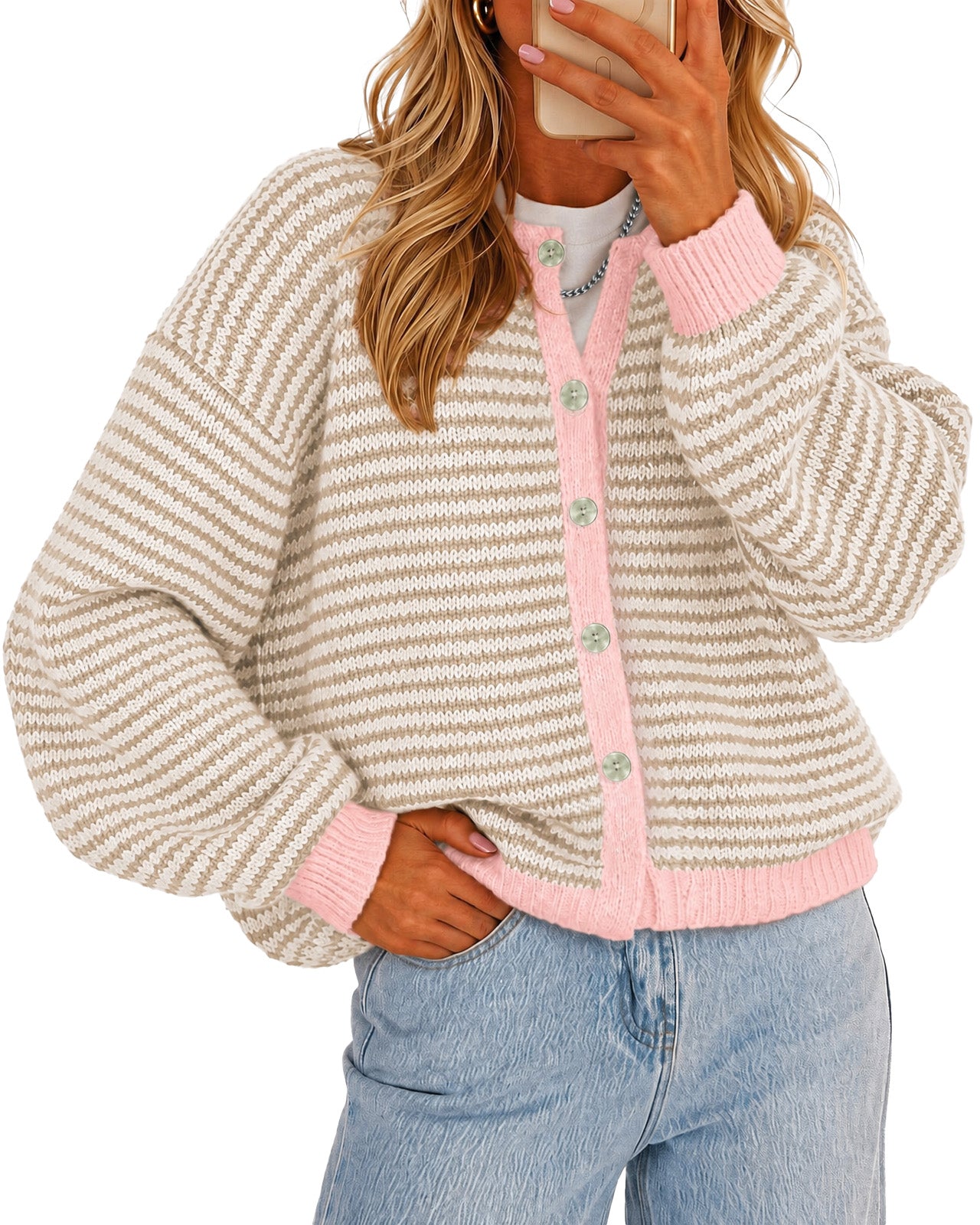 Womens Light Khaki Striped Cardigan Sweaters | CicyBell