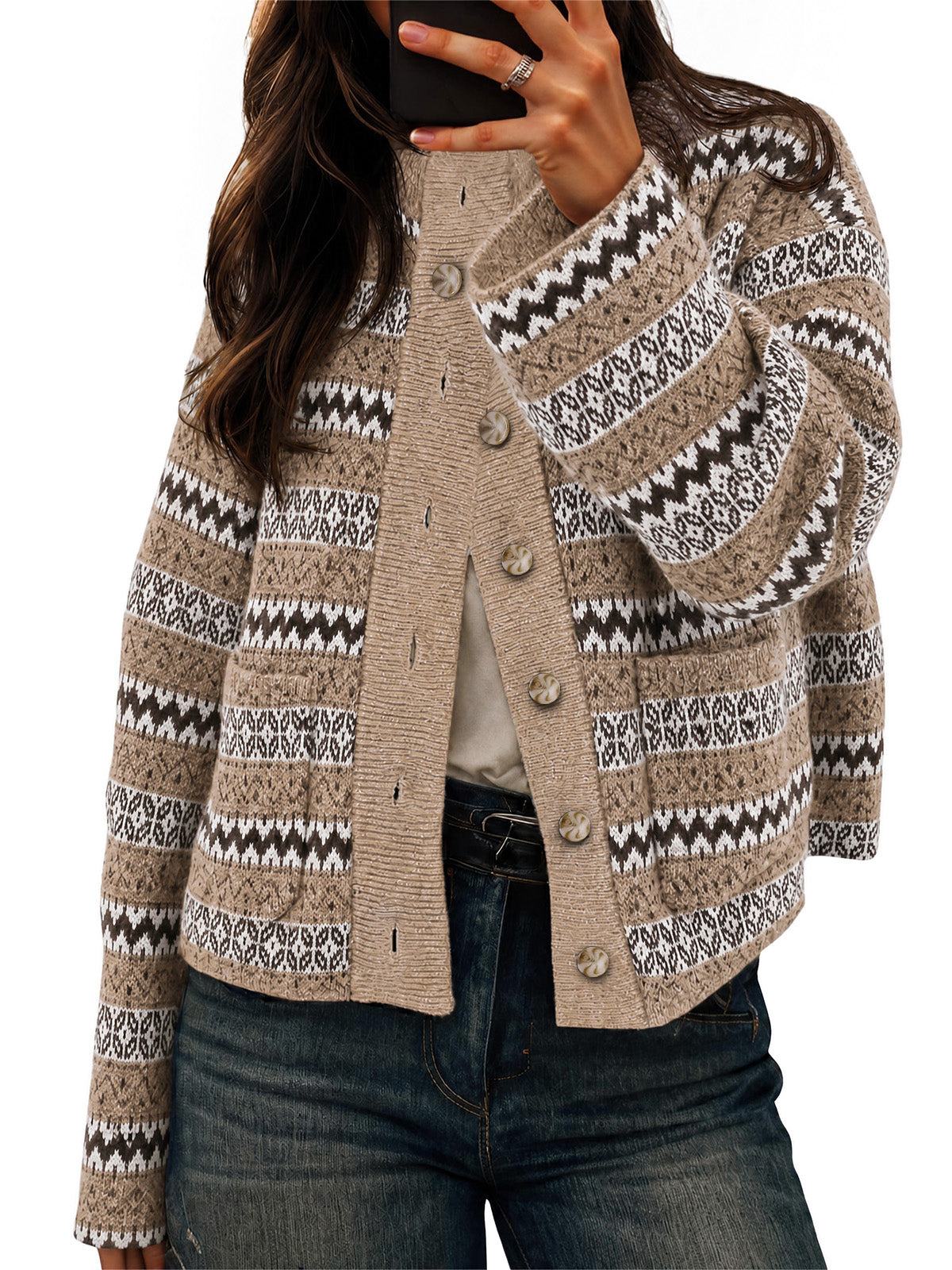 Womens Light Khaki Fair Isle Cardigan | CicyBell