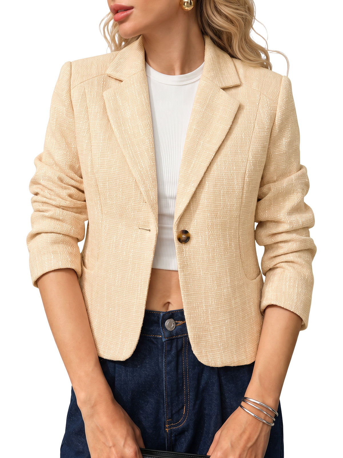 Womens Light Khaki Collared Cropped Blazers | CicyBell
