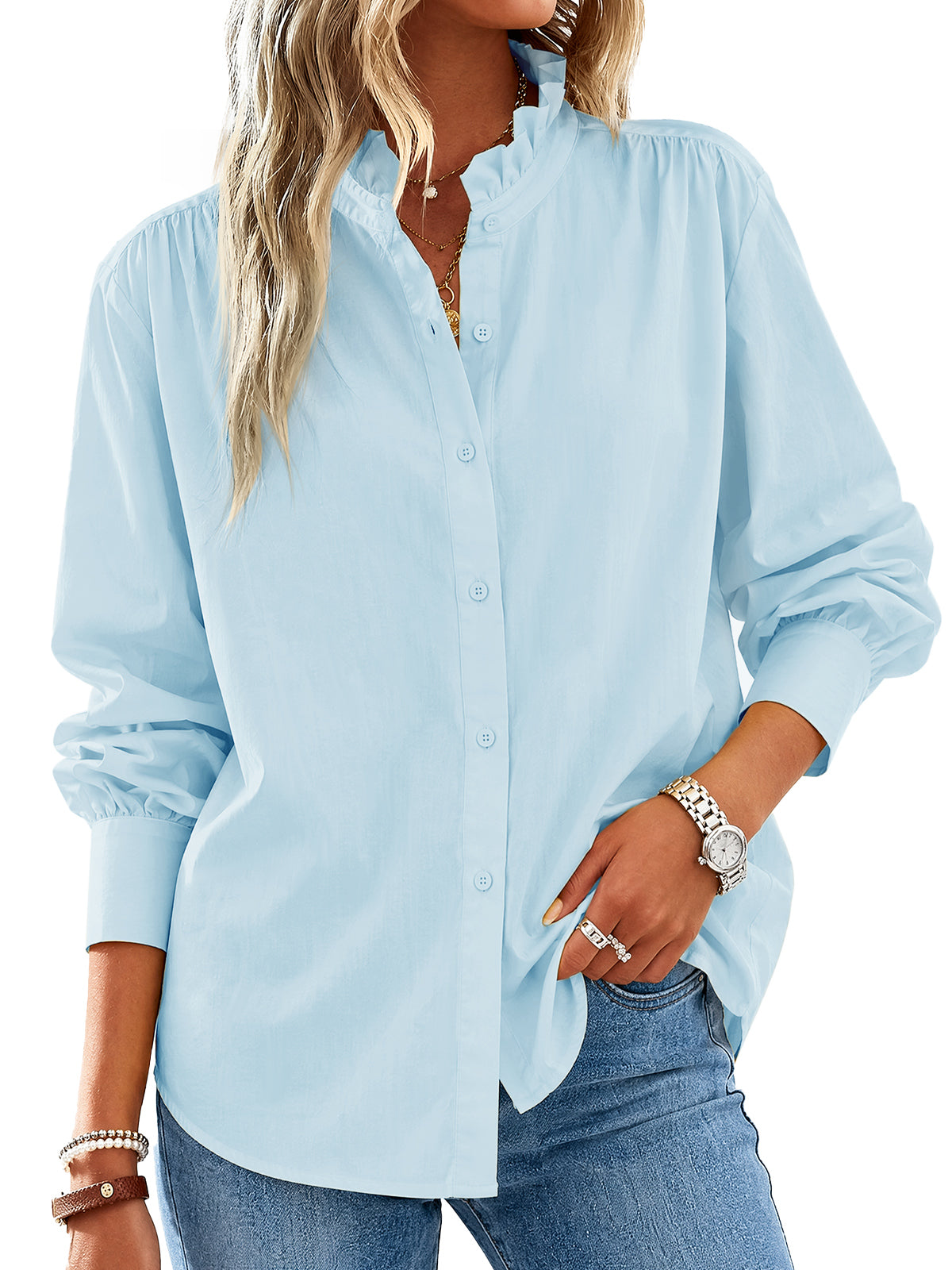 Womens Sky Blue Oversized Button Down Shirts| CicyBell