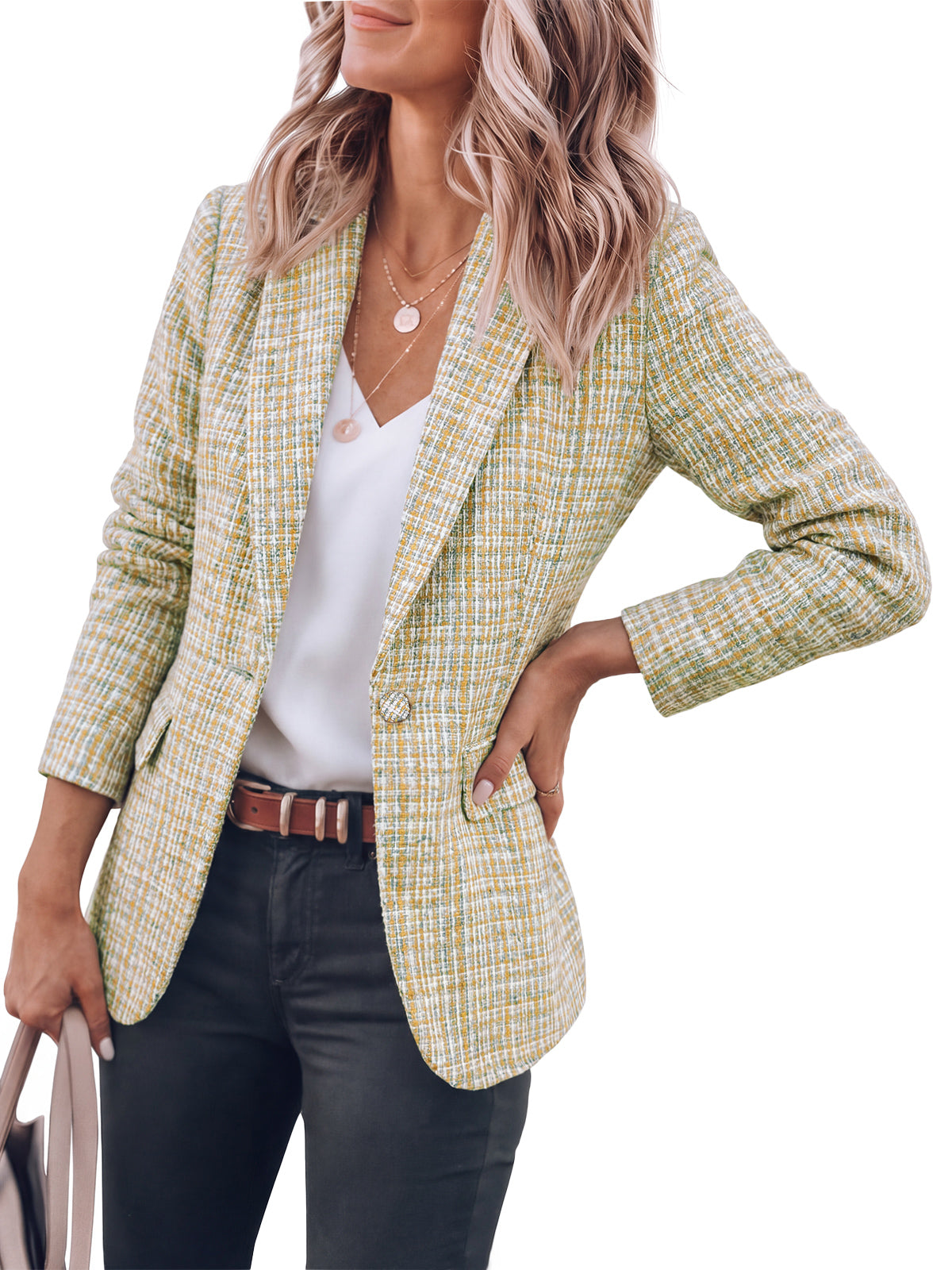 Womens Light Green Plaid Tweed Blazer Jacket | CicyBell