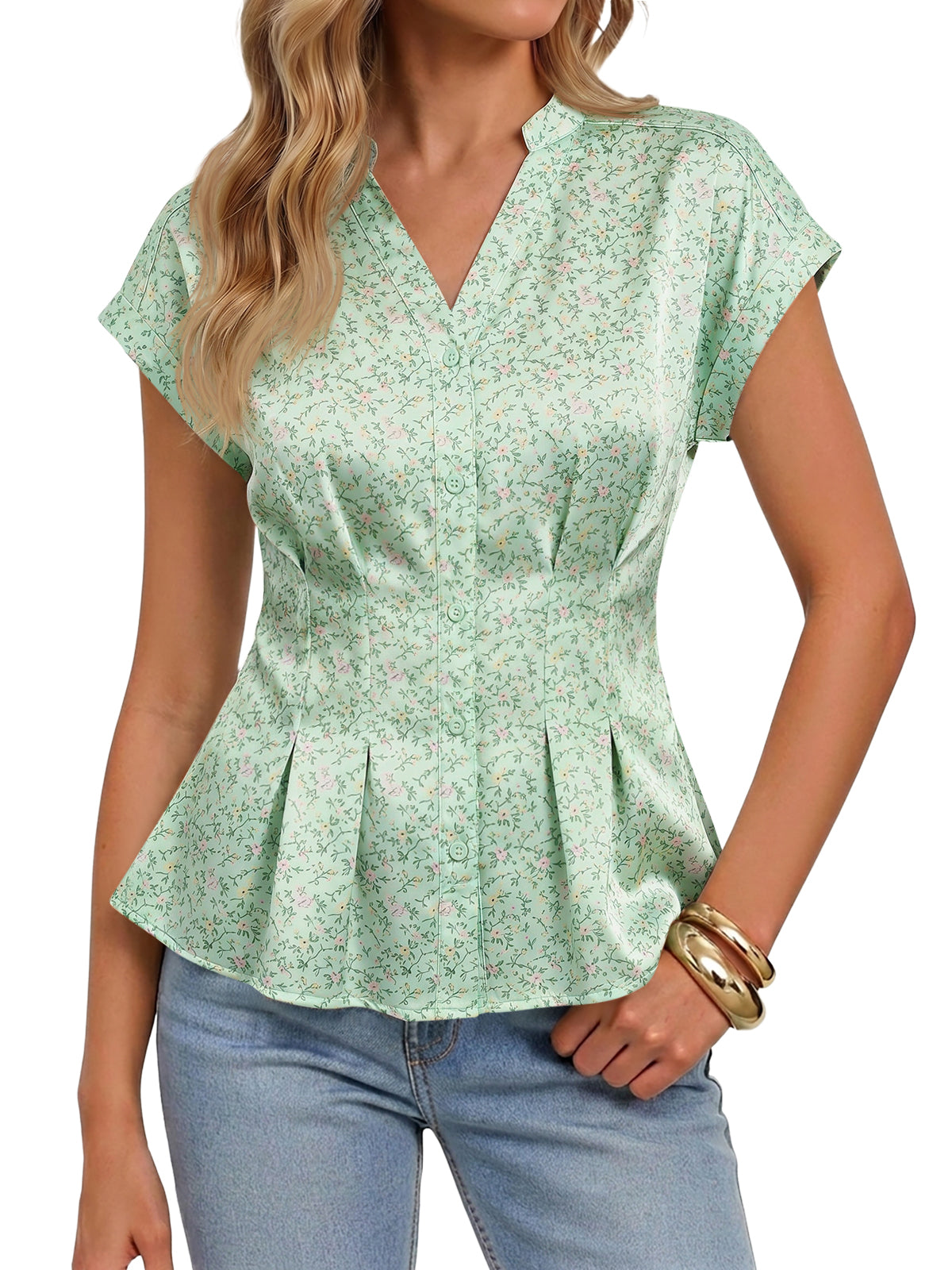 Womens Light Green Floral Satin Blouse | CicyBell