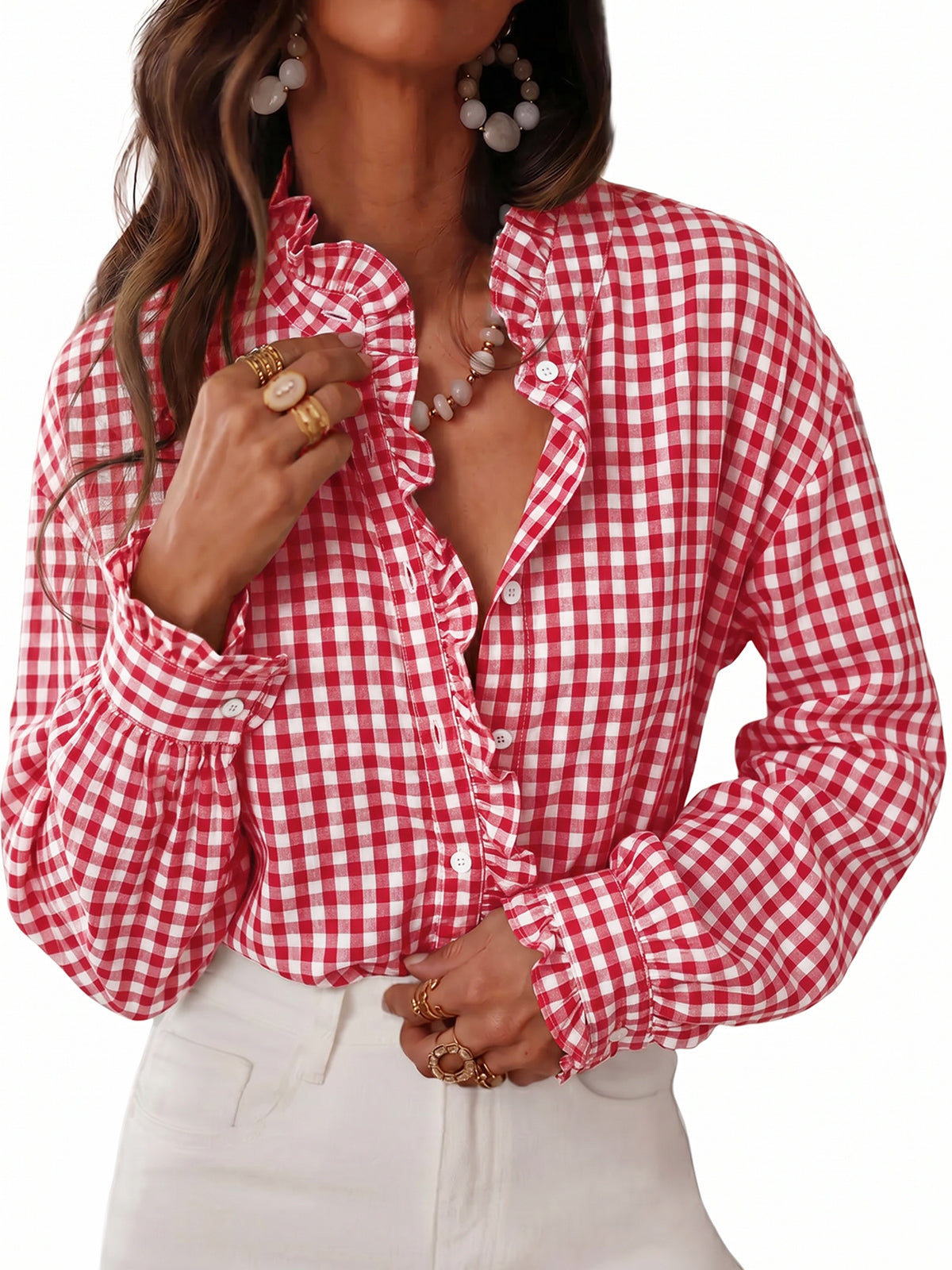 Womens Red Plaid Ruffle V-Neck Shirts | CicyBell