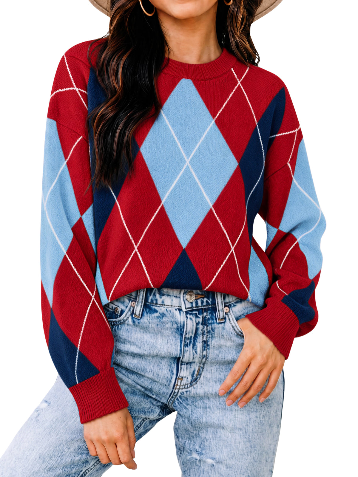Womens Red  Crew Neck Argyle Sweater | CicyBell