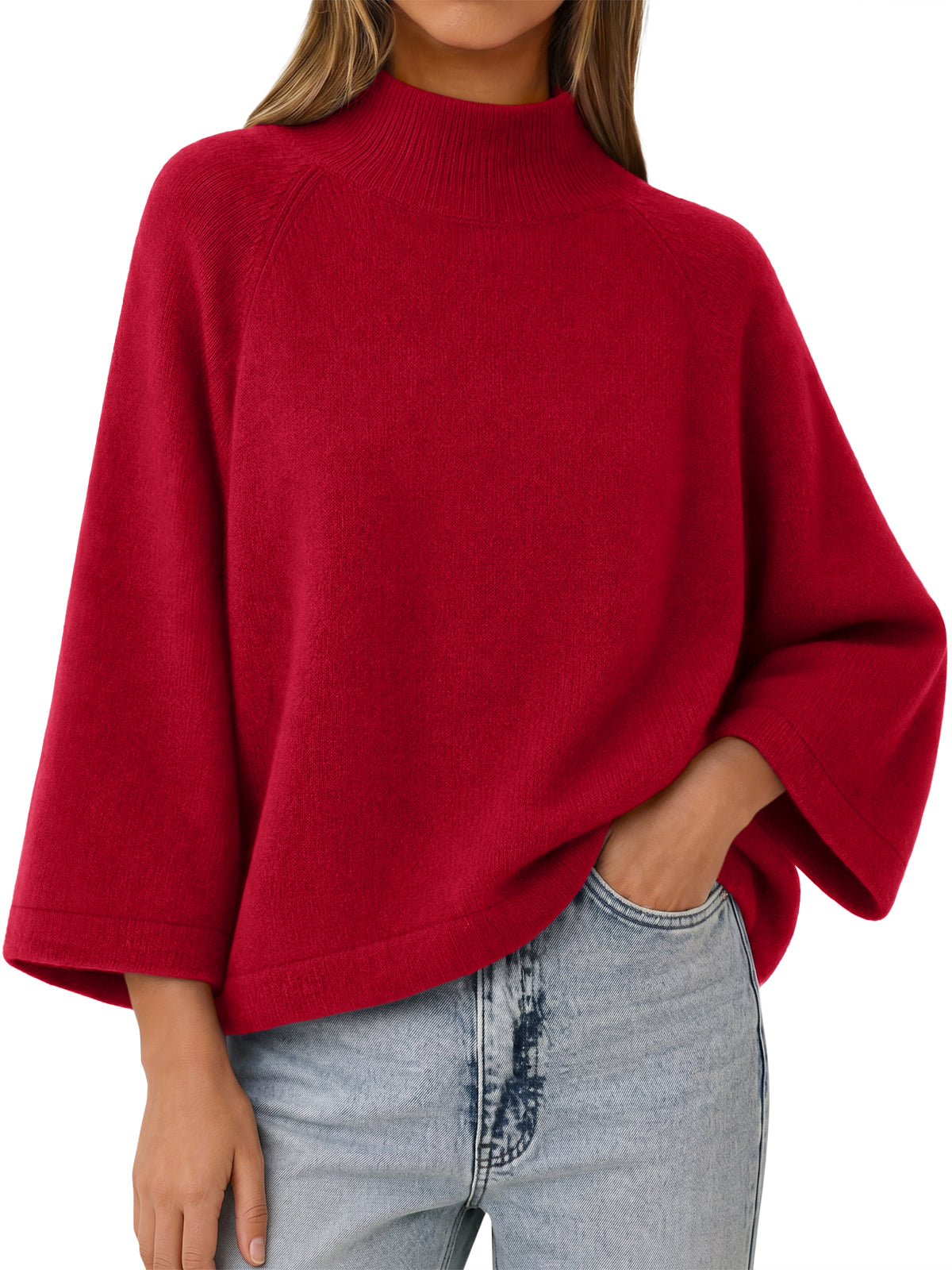 Womens Red 3/4 Sleeve Knit Sweater | CicyBell