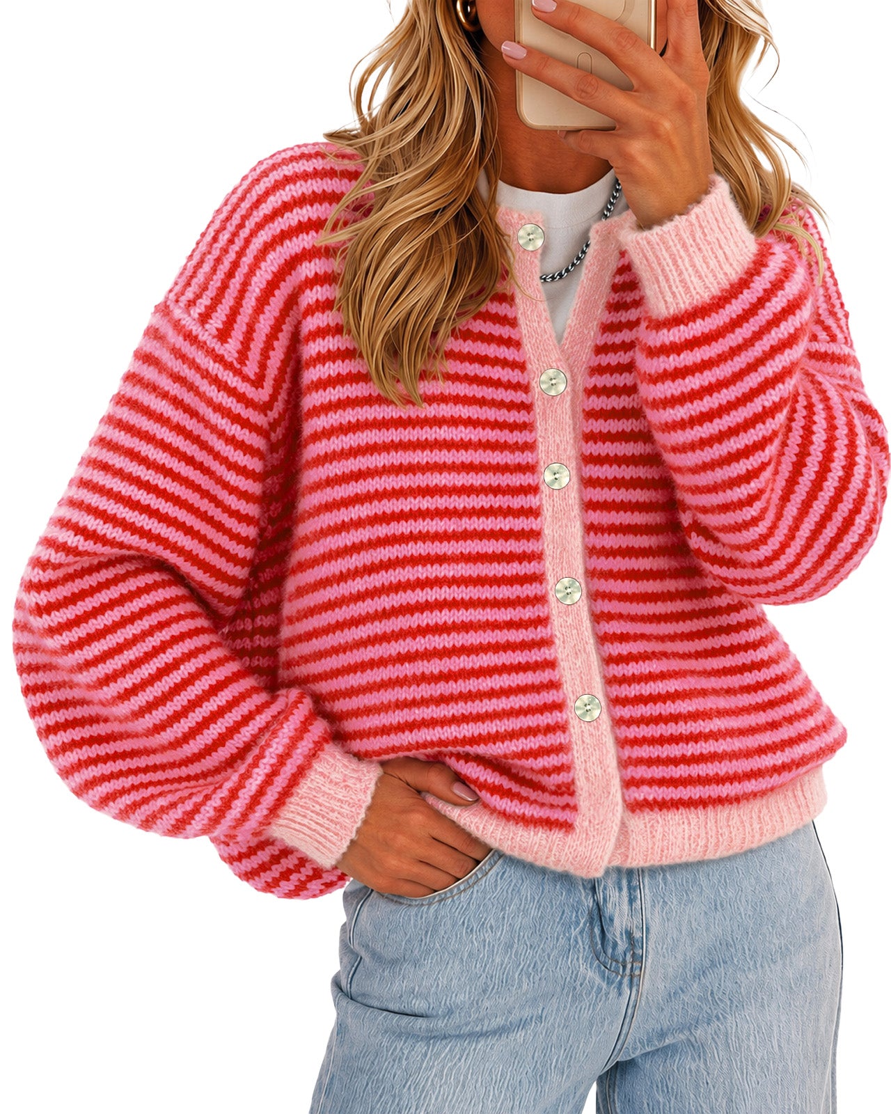Womens Red Striped Cardigan Sweaters | CicyBell