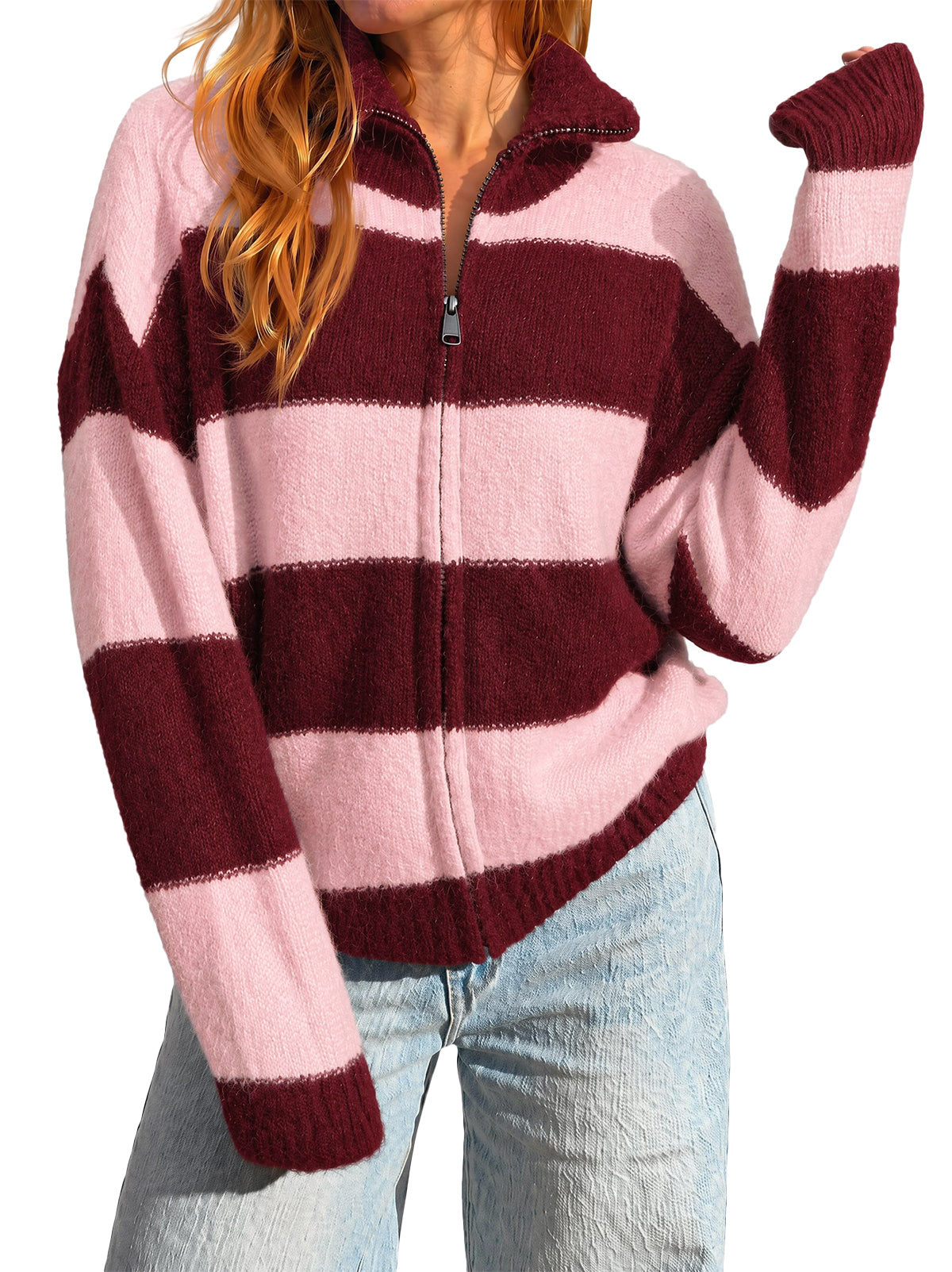 Women Red Striped Color Block Cardigan | CicyBell