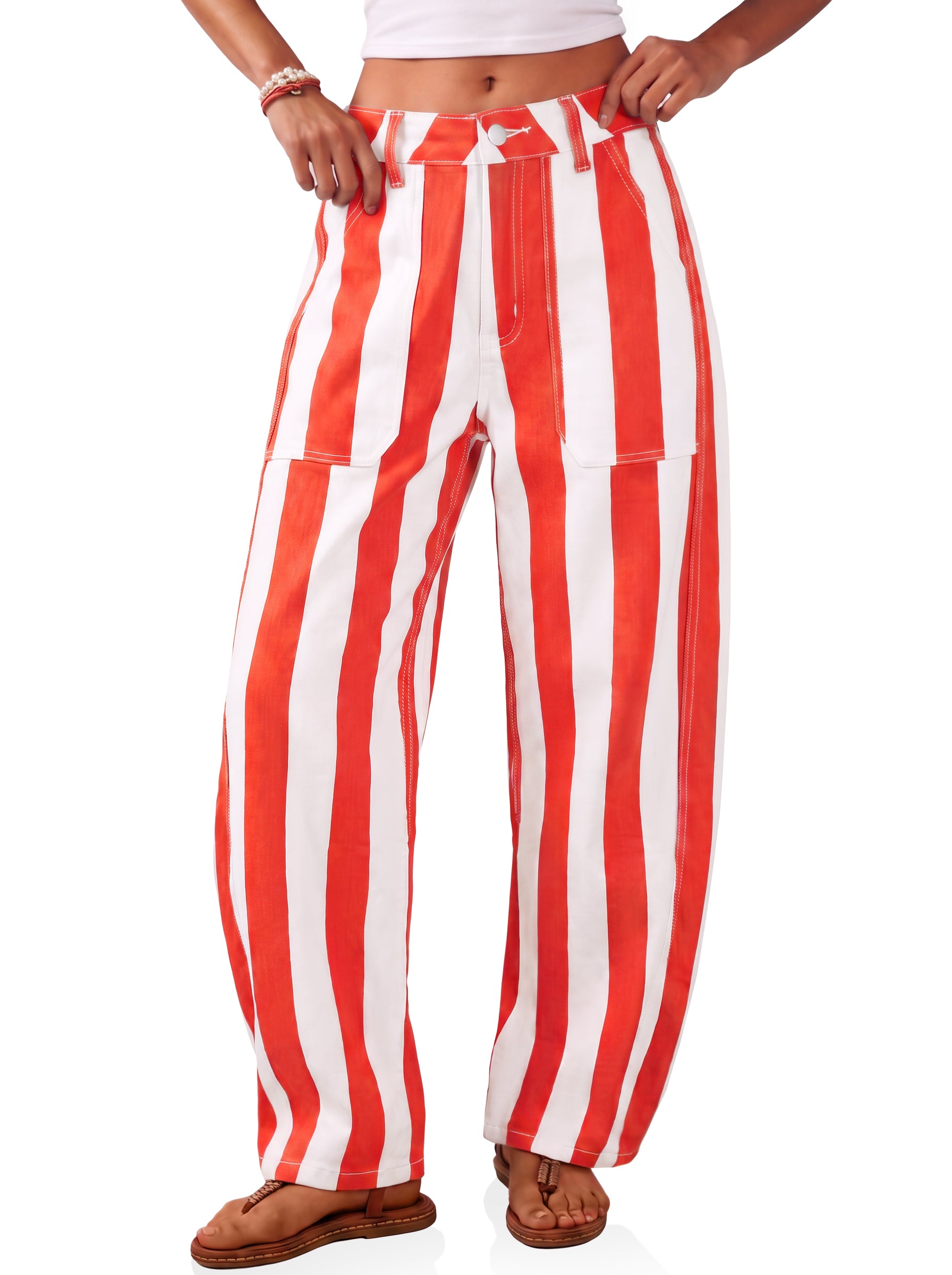 Womens Red Striped Barrel Jeans | CicyBell