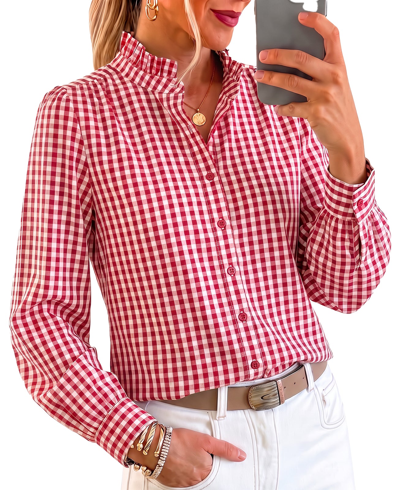 Womens Red Plaid Button Down Shirts | CicyBell