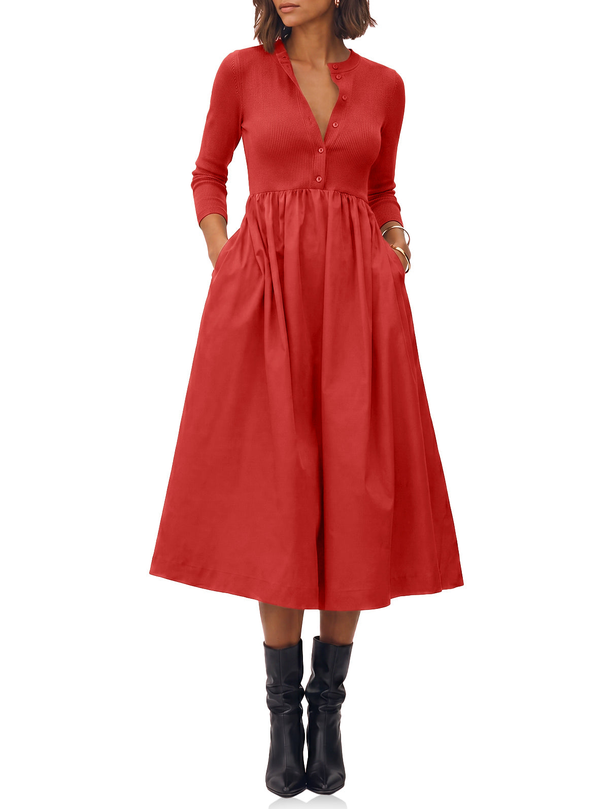 Womens Red Long Sleeve A-Line Midi Dress| CicyBell