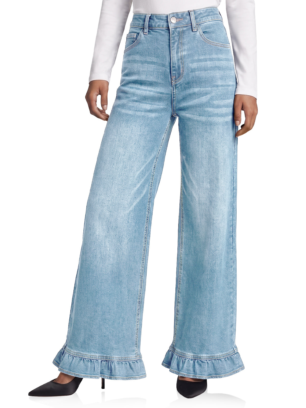 Womens Wash Blue Ruffle Wide Leg Jeans | CicyBell