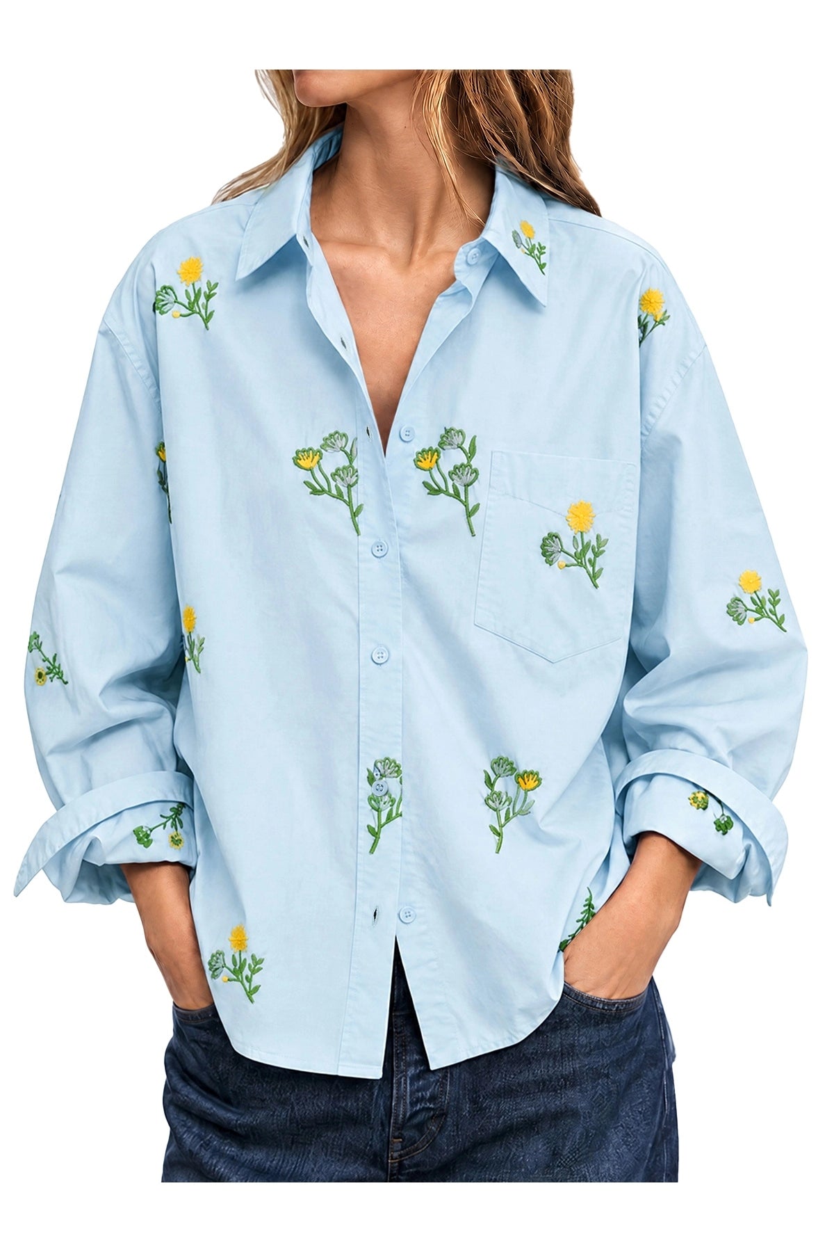 Womens Boho Floral Embroidery Sleeve Button Tops | Cicy Bell